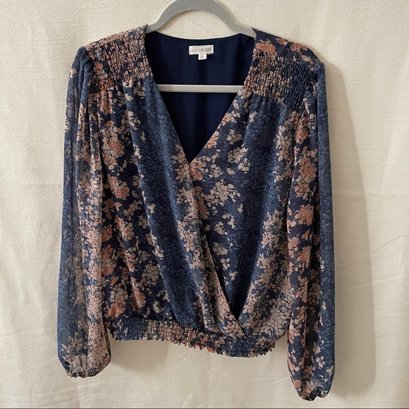 S. C. Society Tops - S. C. Society blouse ,long sleeve blue floral print, V- neck